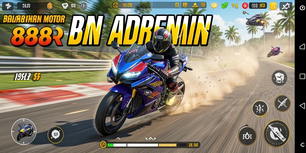 Screenshot 888R menunjukkan aksi balapan motor yang mendebarkan.