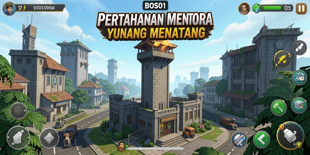 Screenshot gameplay BOS01 menampilkan strategi pertahanan menara yang intens.