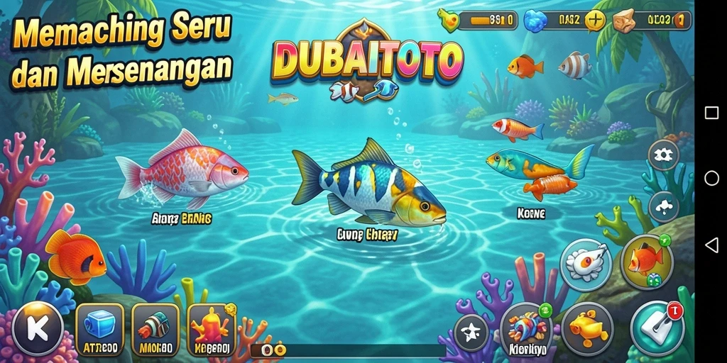 Screenshot utama DUBAITOTO menampilkan gameplay memancing yang dinamis.