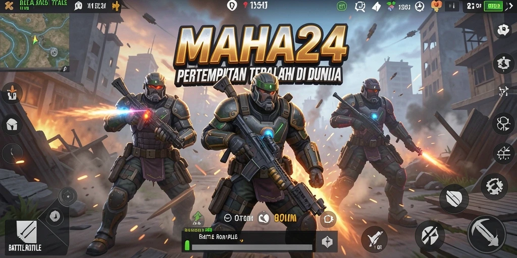 Screenshot gameplay utama MAHA24 menampilkan pertempuran Battle Royale yang intens.