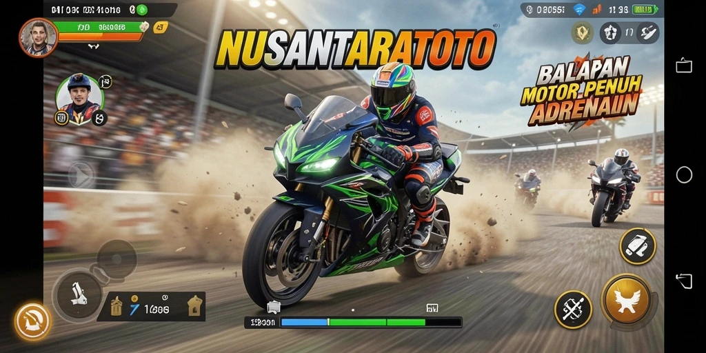 Screenshot gameplay NUSANTARATOTO yang menampilkan aksi balapan motor yang seru.