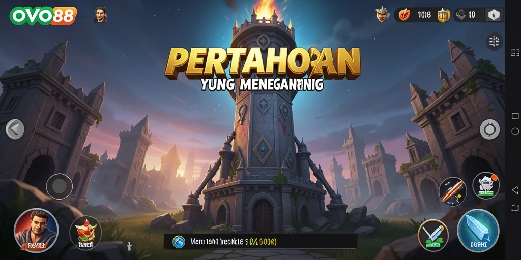Screenshot gameplay OVO88 yang menampilkan pertahanan menara yang epik.