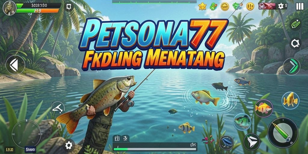 Screenshot PESONA77 menunjukkan pemain menangkap ikan di danau yang indah.