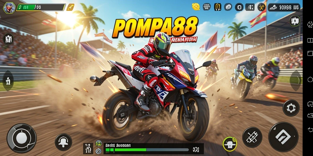 Screenshot POMPA88 menampilkan aksi balapan motor yang seru dan mendebarkan.